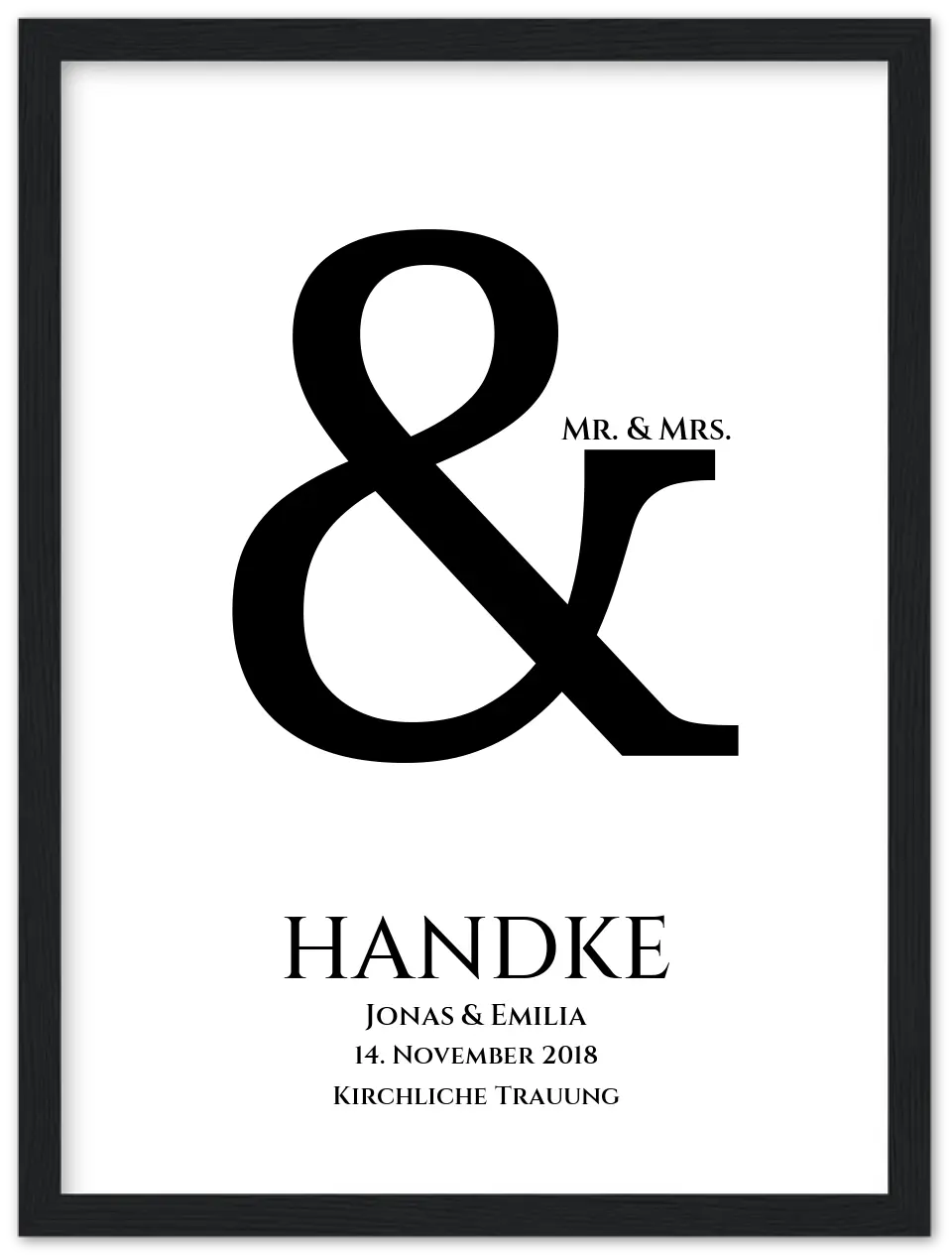 Personalisiertes Hochzeitsposter "Ampersand" | Mr. & Mrs. Bild Hochzeitsgeschenk Premium Matte Paper Wooden Framed Poster - Black - Vertical Gerahmtes Poster
