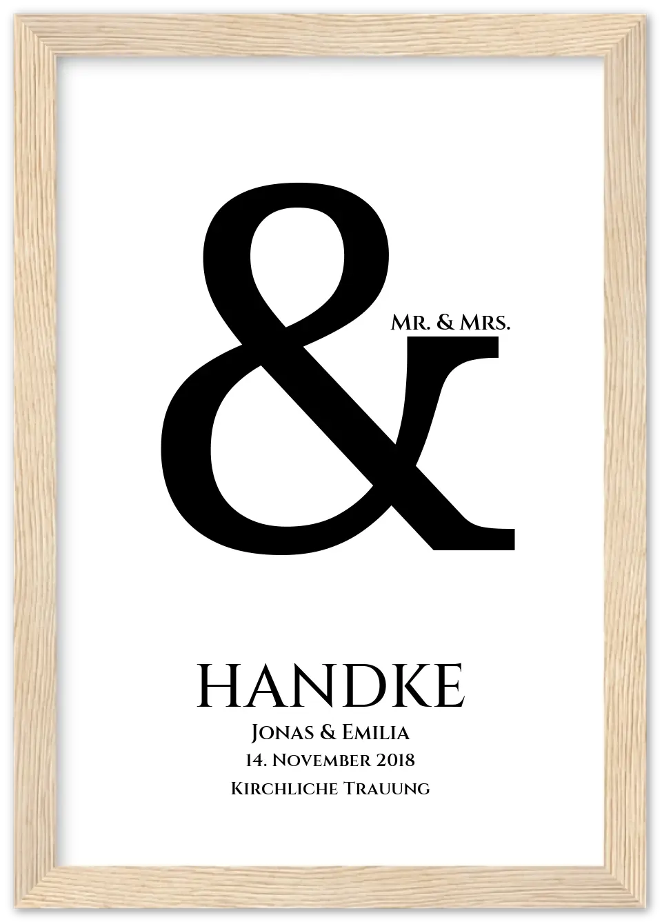 Personalisiertes Hochzeitsposter "Ampersand" | Mr. & Mrs. Bild Hochzeitsgeschenk Premium Matte Paper Wooden Framed Poster - Wood - Vertical Gerahmtes Poster A4 21x29.7 cm