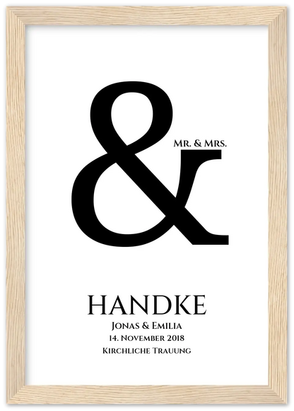 Personalisiertes Hochzeitsposter "Ampersand" | Mr. & Mrs. Bild Hochzeitsgeschenk Premium Matte Paper Wooden Framed Poster - Wood - Vertical Gerahmtes Poster A4 21x29.7 cm