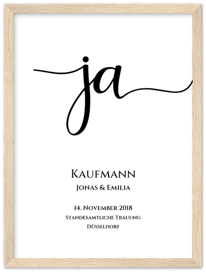Personalisiertes Hochzeitsposter "JA" |  Hochzeitsgeschenk mit Namen und Datum