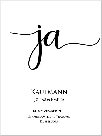 Personalisiertes Hochzeitsposter "JA" |  Hochzeitsgeschenk mit Namen und Datum