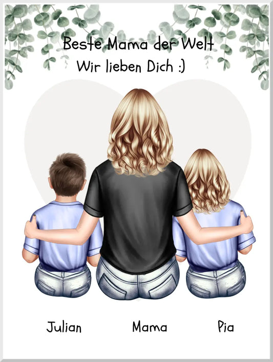 Muttertagsgeschenk - Personalisiertes Poster mit Mama und 2 Kindern Leinwanddruck Leinwandbild