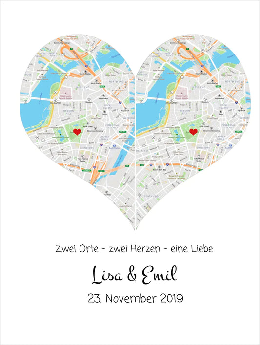Wo alles begann Poster | Personalisierte Stadtkarte mit Herz - 2 Orte, ein Herz -Kennenlernorte - Städtekarte - Hochzeitsgeschenk-Hochzeitstag Geschenk- Glückwünsche-Hochzeitswünsche
