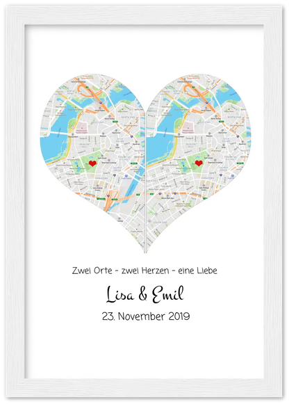 Wo alles begann Poster | Personalisierte Stadtkarte mit Herz - 2 Orte, ein Herz -Kennenlernorte - Städtekarte - Hochzeitsgeschenk-Hochzeitstag Geschenk- Glückwünsche-Hochzeitswünsche