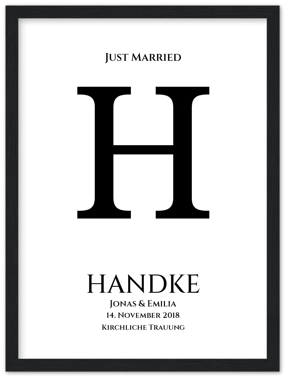 Personalisiertes Hochzeitsposter "Just Married" | Hochzeitsgeschenk mit Namen und Datum Premium Matte Paper Wooden Framed Poster - Black - Vertical Gerahmtes Poster