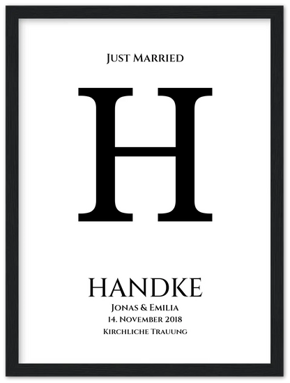 Personalisiertes Hochzeitsposter "Just Married" | Hochzeitsgeschenk mit Namen und Datum Premium Matte Paper Wooden Framed Poster - Black - Vertical Gerahmtes Poster