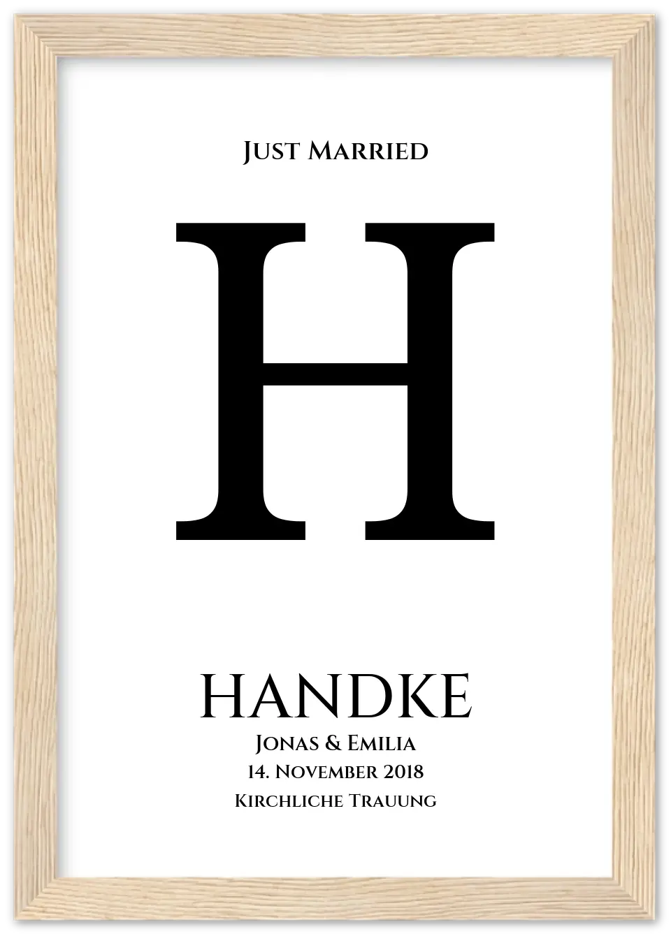 Personalisiertes Hochzeitsposter "Just Married" | Hochzeitsgeschenk mit Namen und Datum Premium Matte Paper Wooden Framed Poster - Wood - Vertical Gerahmtes Poster A4 21x29.7 cm