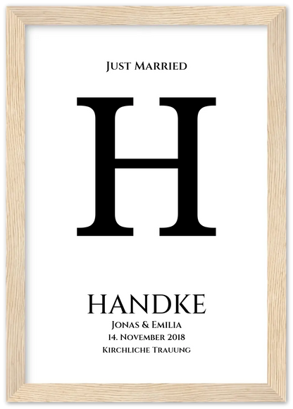 Personalisiertes Hochzeitsposter "Just Married" | Hochzeitsgeschenk mit Namen und Datum Premium Matte Paper Wooden Framed Poster - Wood - Vertical Gerahmtes Poster A4 21x29.7 cm