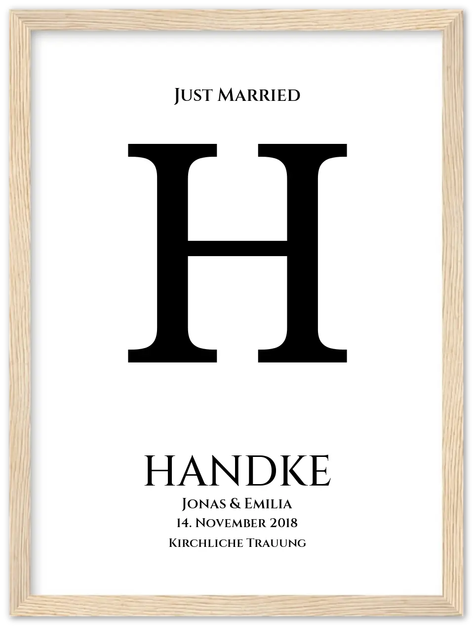 Personalisiertes Hochzeitsposter "Just Married" | Hochzeitsgeschenk mit Namen und Datum Premium Matte Paper Wooden Framed Poster - Wood - Vertical Gerahmtes Poster