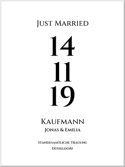 Personalisiertes Hochzeitsposter "Just Married" |  "Hochzeit Datum" Hochzeitsgeschenk mit Namen und Datum