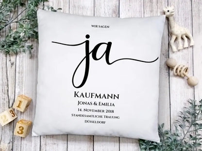 "JA" Kissen Hochzeitsgeschenk | personalisiertes Hochzeitskissen für das Brautpaar | Geschenkidee zur Hochzeit, Hochzeitstag, Valentinstag, Geburtstag