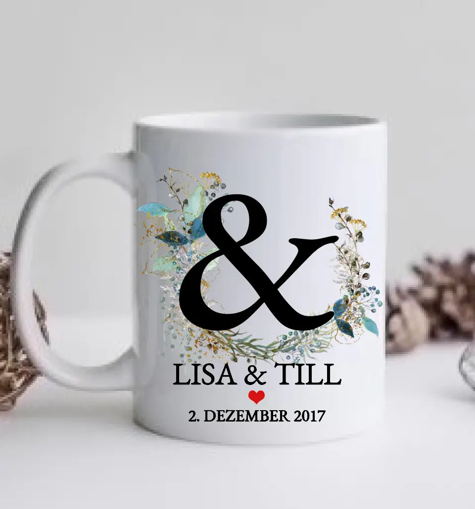 Personalisierte Hochzeitstasse Hochzeitsgeschenk Kranz Brautpaar, Kaffeebecher - Geschenk Hochzeit