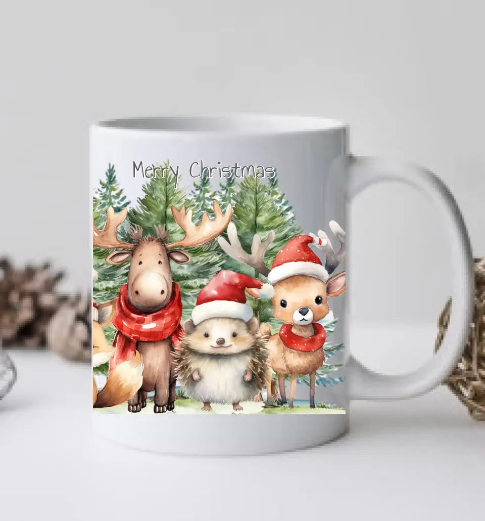 Weihnachtsgeschenk Kind, Junge, Mädchen personalisiert - Weihnachtstasse, Nikolaustasse mit Waldtieren und Tannenbäumen, Namen und Text gestalten