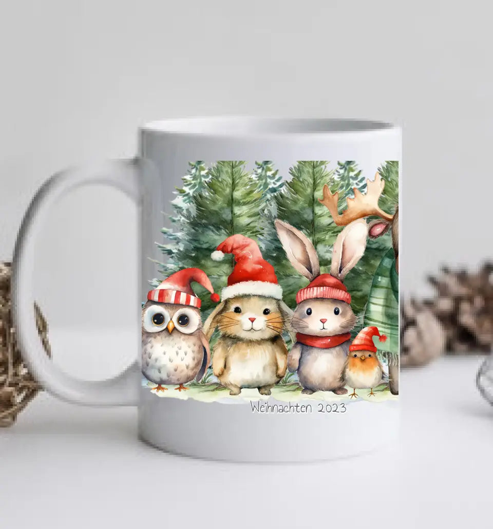 Weihnachtsgeschenk Kind, Junge, Mädchen personalisiert - Weihnachtstasse, Nikolaustasse mit Waldtieren und Tannenbäumen, Namen und Text gestalten