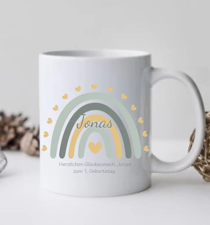 Regenbogentasse mit Wunschtext & Namen - Personalisierte Tasse Geschenk, Geburtstagsgeschenk, Weihnachtstasse, Nikolaustasse, blau