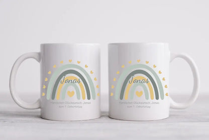 Regenbogentasse mit Wunschtext & Namen - Personalisierte Tasse Geschenk, Geburtstagsgeschenk, Weihnachtstasse, Nikolaustasse, blau