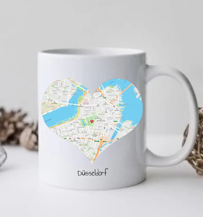 Hochzeitsgeschenk Personalisierte Tasse mit Herz - Wo alles begann - 1 Ort - Kennenlernorte