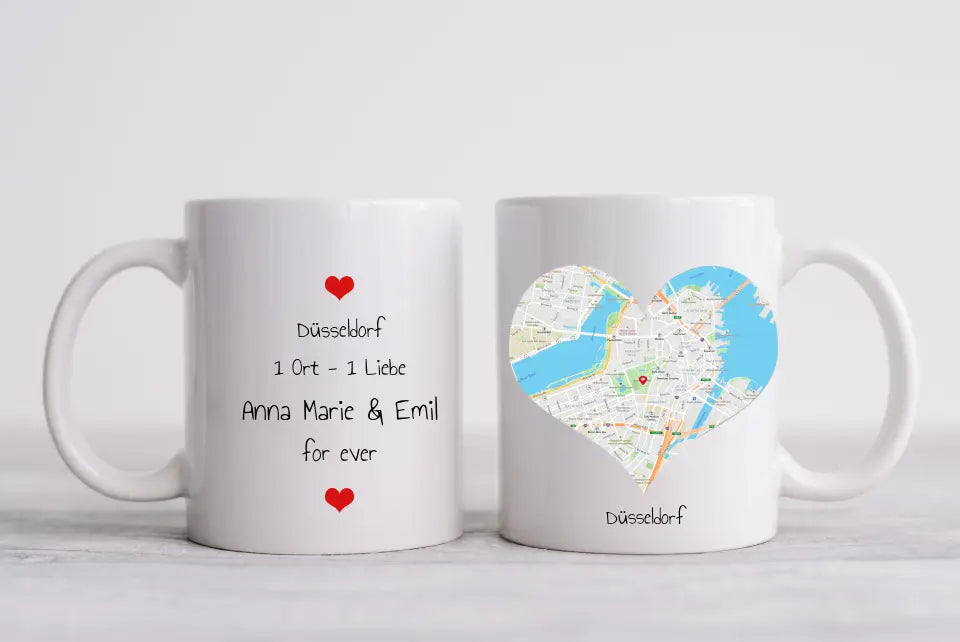 Hochzeitsgeschenk Personalisierte Tasse mit Herz - Wo alles begann - 1 Ort - Kennenlernorte