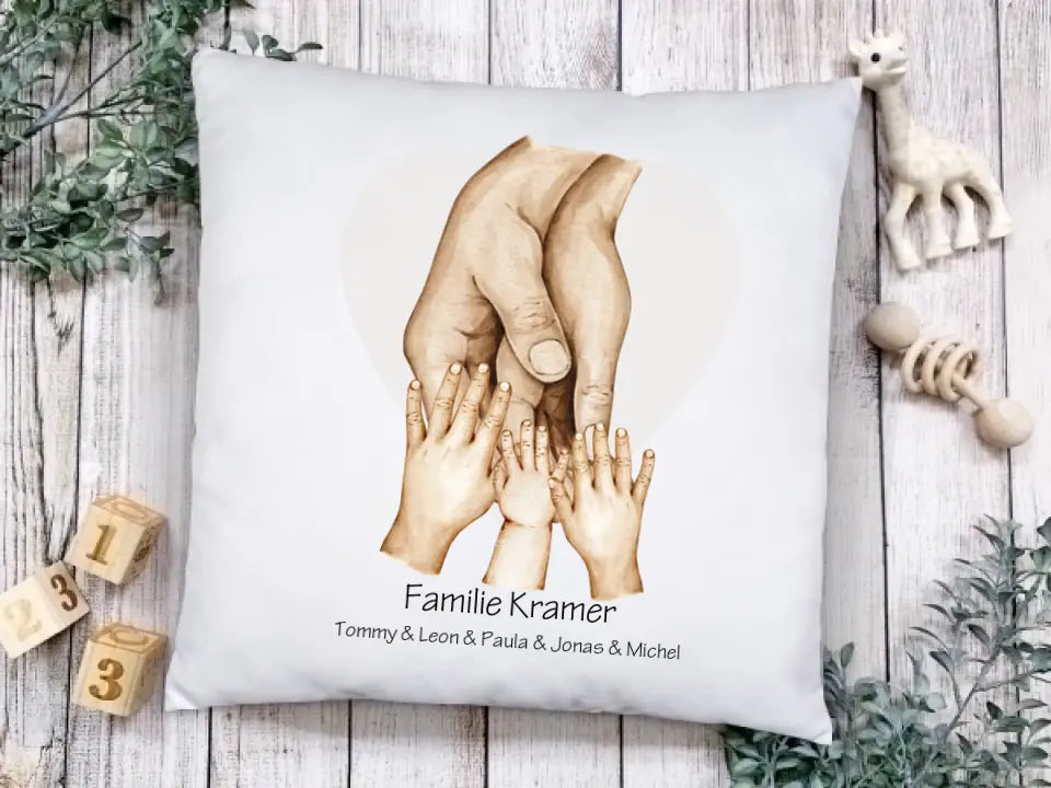 Personalisiertes Kissen Familie mit Händemotiv Namen und Text Geschenk Muttertag, Geburtstagsgeschenk, Ostergeschenk