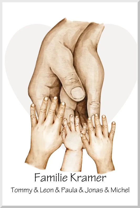Personalisiertes Familiengeschenk als Familienposter zur Geburt & Taufe mit Hände Motiv | Namen 5 Personen | Bild Familie Leinwanddruck Leinwandbild
