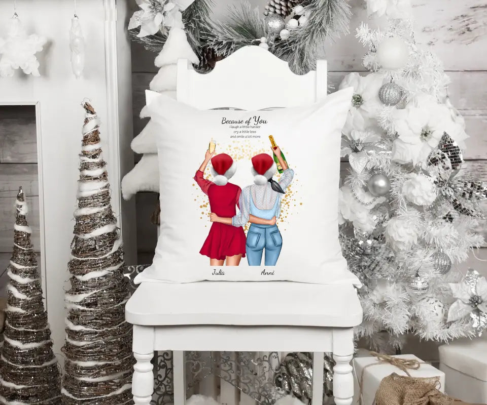 Personalisiertes Weihnachtsgeschenk Kissen für beste Freundin & Freundinnen mit deinem Freundinnen Bild bedruckt.