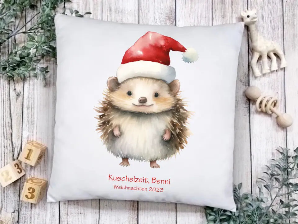 Nikolausgeschenk Weihnachtsgeschenk kuscheliges Kinder Deko Kissen Geschenk mit Igel, Name und Wunschtext personalisierbar