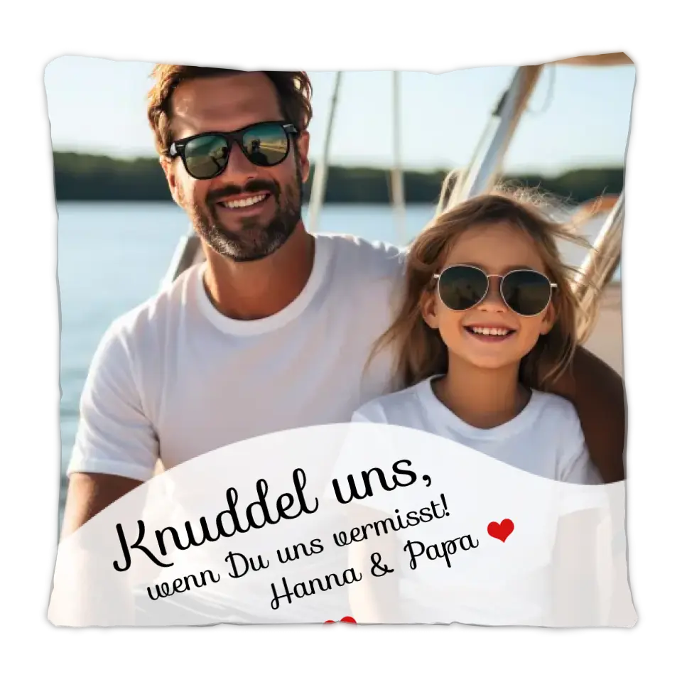 Geschenk Familie | Personalisiertes Kissen Familie mit Text | Knuddel uns | Drück uns, wenn Du uns vermisst.