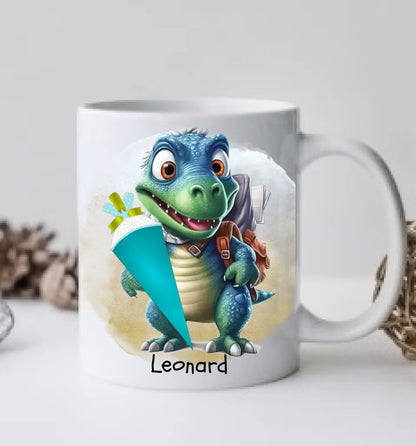 Schulkind 2024 | Einschulung Geschenk Tasse Becher Kissen Dino personalisiert | Einschulungsgeschenk | Schulbeginn 1. Klasse