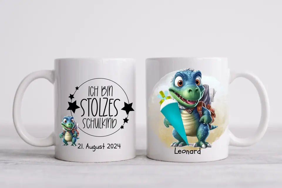 Schulkind 2024 | Einschulung Geschenk Tasse Becher Kissen Dino personalisiert | Einschulungsgeschenk | Schulbeginn 1. Klasse