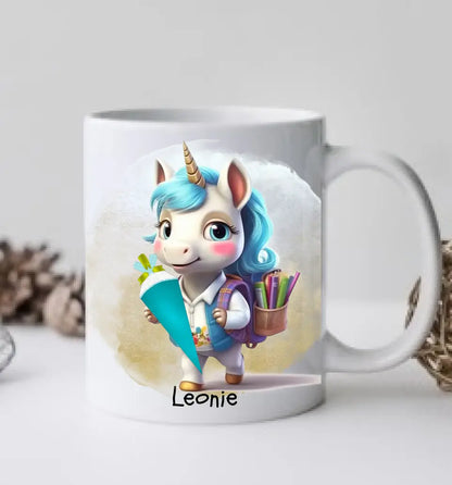 Schulkind 2024 | Einschulung Geschenk Kinder Tasse Becher Kissen Einhorn Mädchen personalisiert | Einschulungsgeschenk | Schulbeginn 1. Klasse