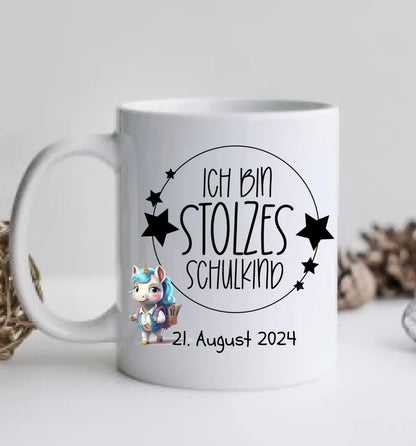 Schulkind 2024 | Einschulung Geschenk Kinder Tasse Becher Kissen Einhorn Mädchen personalisiert | Einschulungsgeschenk | Schulbeginn 1. Klasse