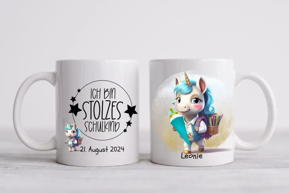 Schulkind 2024 | Einschulung Geschenk Kinder Tasse Becher Kissen Einhorn Mädchen personalisiert | Einschulungsgeschenk | Schulbeginn 1. Klasse