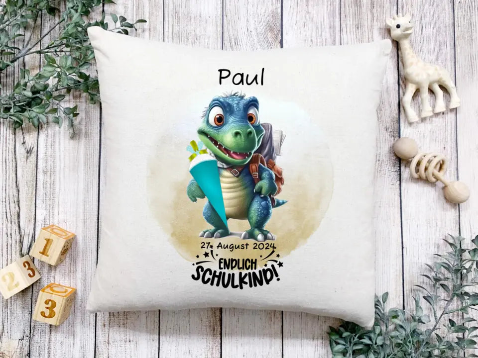 Schulkind 2024 | Einschulung Geschenk Tasse Becher Kissen Dino personalisiert | Einschulungsgeschenk | Schulbeginn 1. Klasse