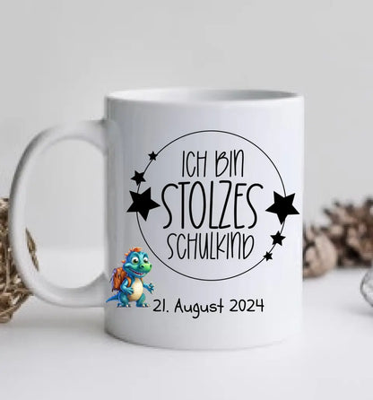 Schulkind 2024 | Einschulung Geschenk Tasse Becher Kissen Dino personalisiert | Einschulungsgeschenk | Schulbeginn 1. Klasse