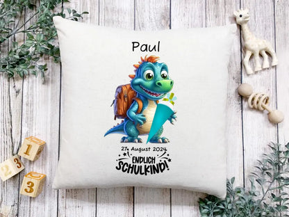 Schulkind 2024 | Einschulung Geschenk Tasse Becher Kissen Dino personalisiert | Einschulungsgeschenk | Schulbeginn 1. Klasse