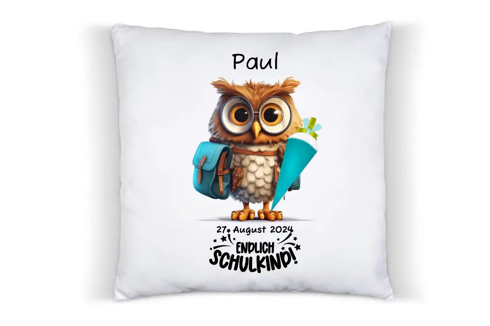 Schulkind 2024 | Einschulung Geschenk Kinder Tasse Becher Kissen Eule personalisiert | Einschulungsgeschenk | Schulbeginn 1. Klasse