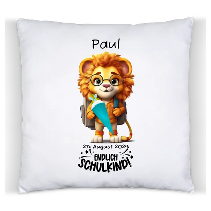 Schulkind 2024 | Geschenk zur Einschulung Tasse Becher Kissen Löwe personalisiert | Einschulungsgeschenk Satinkissen Satinkissen 40x40cm