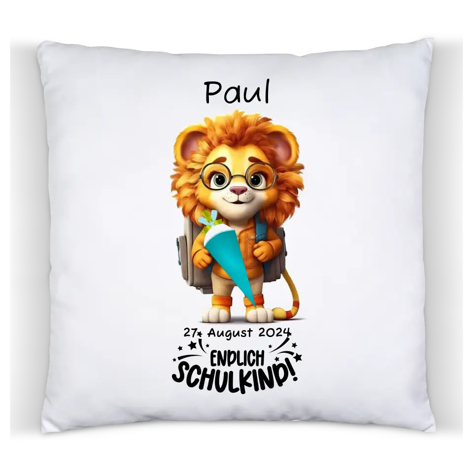 Schulkind 2024 | Geschenk zur Einschulung Tasse Becher Kissen Löwe personalisiert | Einschulungsgeschenk Kissen Baumwolle Baumwollkissen
