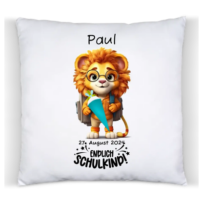 Schulkind 2024 | Geschenk zur Einschulung Tasse Becher Kissen Löwe personalisiert | Einschulungsgeschenk Kissen Baumwolle Baumwollkissen