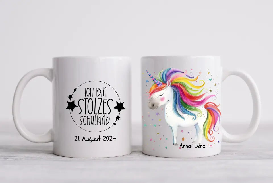 Schulkind 2024 | Einschulung Geschenk Kinder Tasse Becher Kissen Einhorn Mädchen personalisiert | Einschulungsgeschenk | Schulbeginn 1. Klasse | Geburtstagsgeschenk