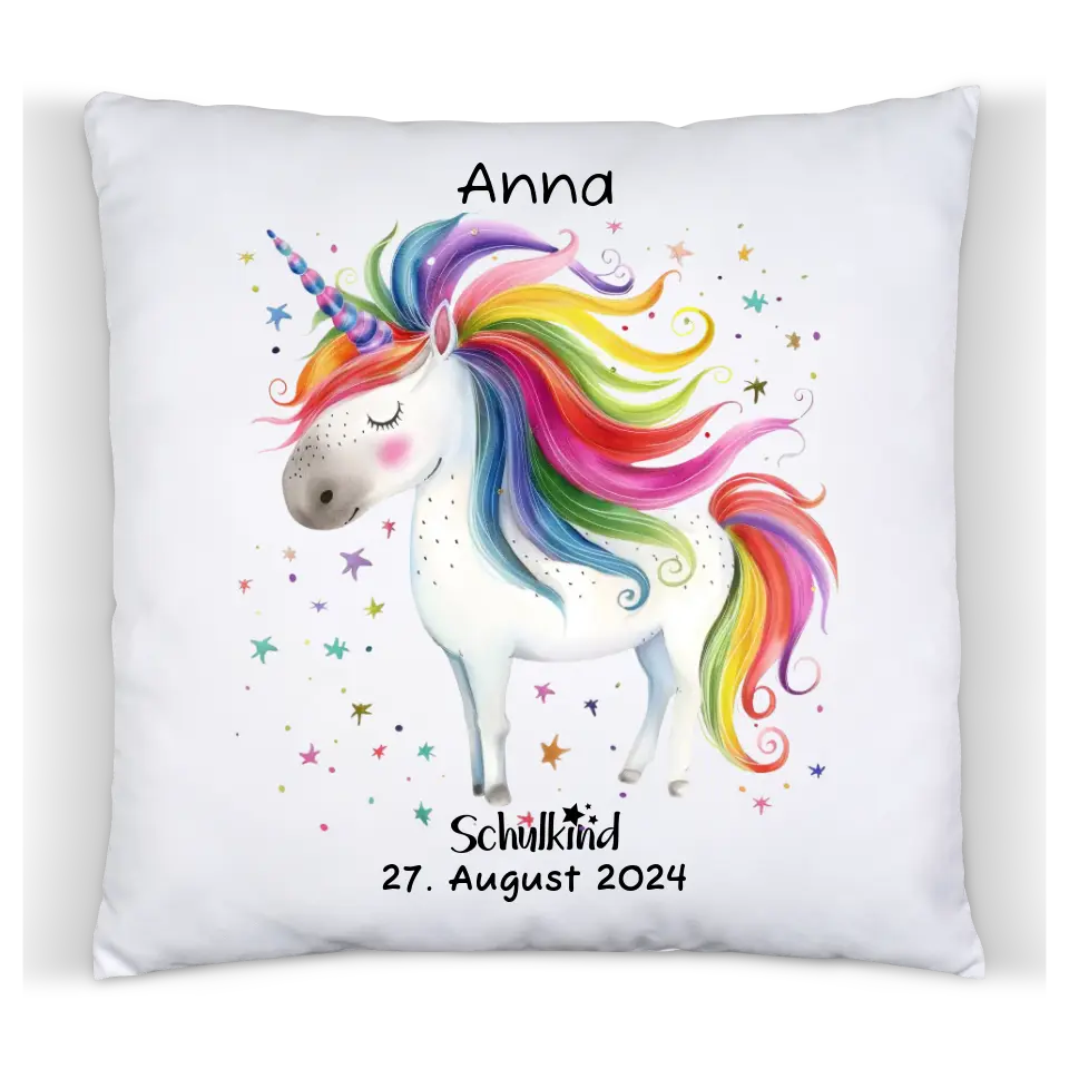 Schulkind 2024 | Einschulung Geschenk Kinder Tasse Becher Kissen Einhorn Mädchen personalisiert | Einschulungsgeschenk | Schulbeginn 1. Klasse | Geburtstagsgeschenk