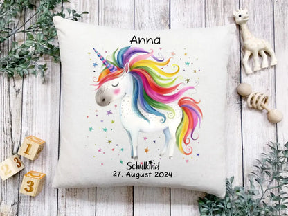 Schulkind 2024 | Einschulung Geschenk Kinder Tasse Becher Kissen Einhorn Mädchen personalisiert | Einschulungsgeschenk | Schulbeginn 1. Klasse | Geburtstagsgeschenk