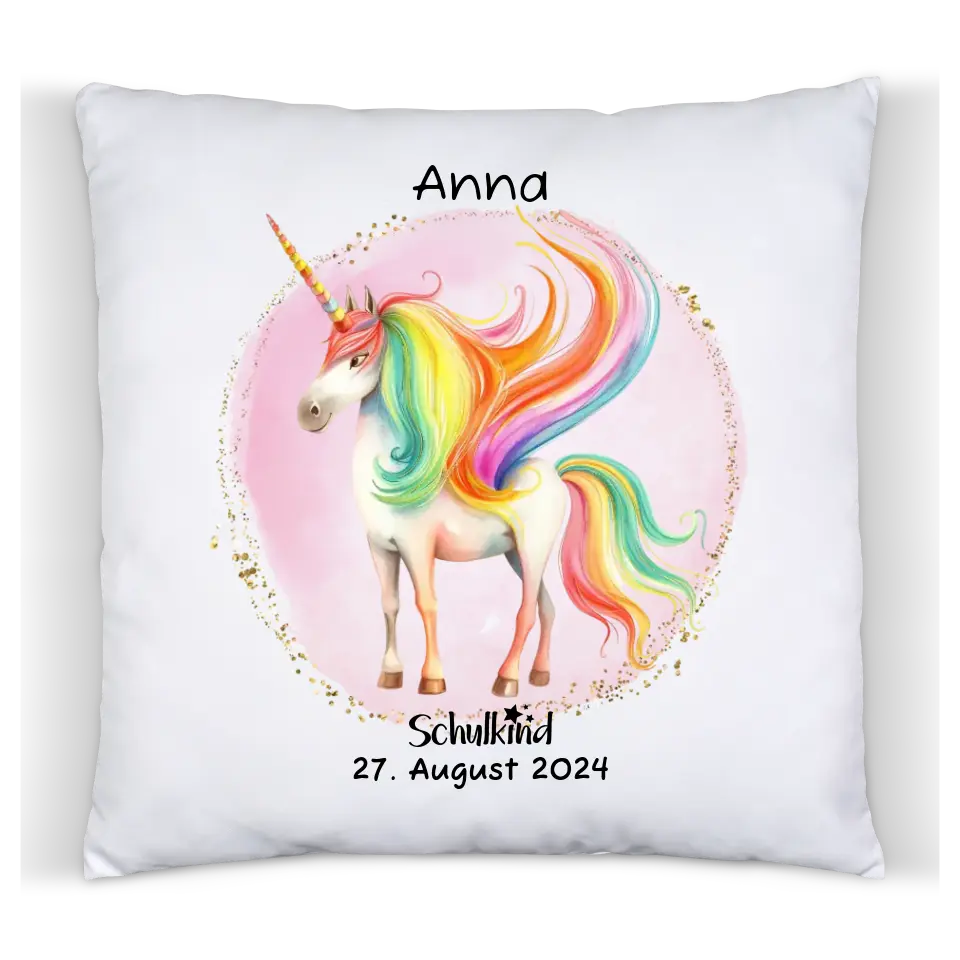 Schulkind 2024 | Einschulung Geschenk Kinder Tasse Becher Kissen Einhorn Mädchen personalisiert | Einschulungsgeschenk | Schulbeginn 1. Klasse | Geburtstagsgeschenk