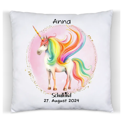 Schulkind 2024 | Einschulung Geschenk Kinder Tasse Becher Kissen Einhorn Mädchen personalisiert | Einschulungsgeschenk | Schulbeginn 1. Klasse | Geburtstagsgeschenk