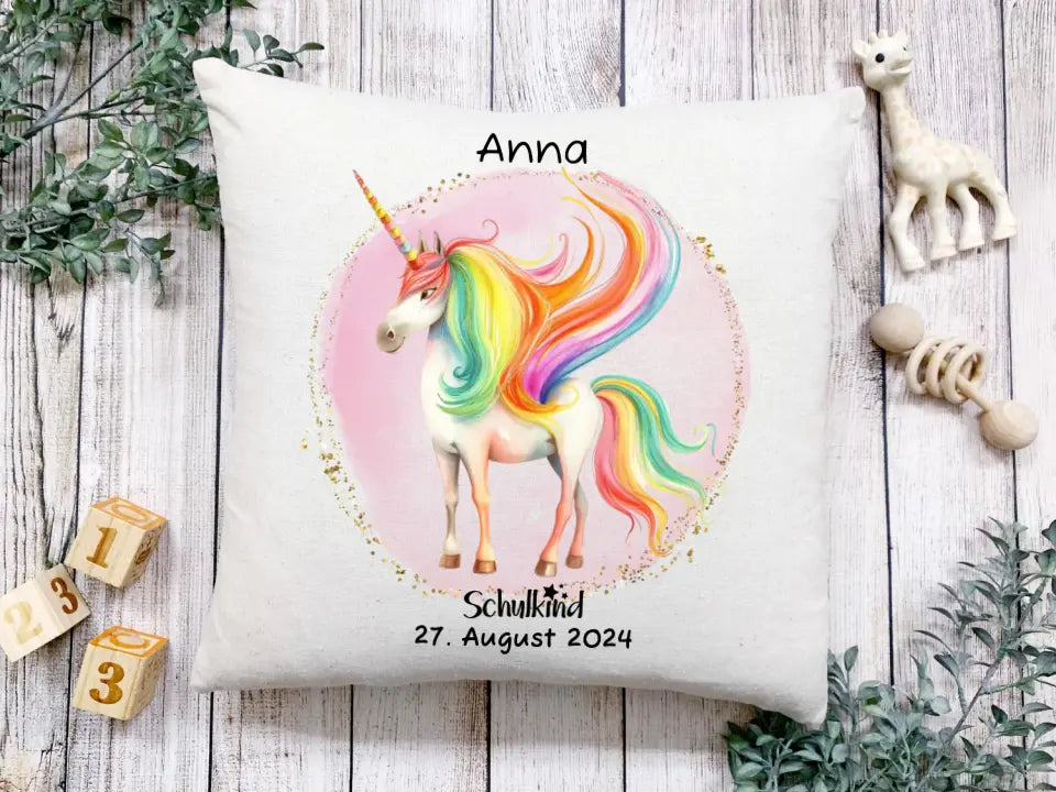 Schulkind 2024 | Einschulung Geschenk Kinder Tasse Becher Kissen Einhorn Mädchen personalisiert | Einschulungsgeschenk | Schulbeginn 1. Klasse | Geburtstagsgeschenk