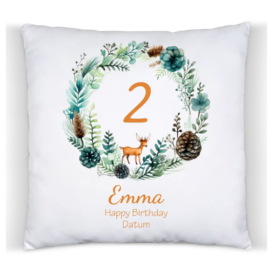 1.-10. Geburtstag Geschenk Mädchen Junge | Kinder Kissen Geschenk mit Name / Geburtstagszahl personalisiert Reh