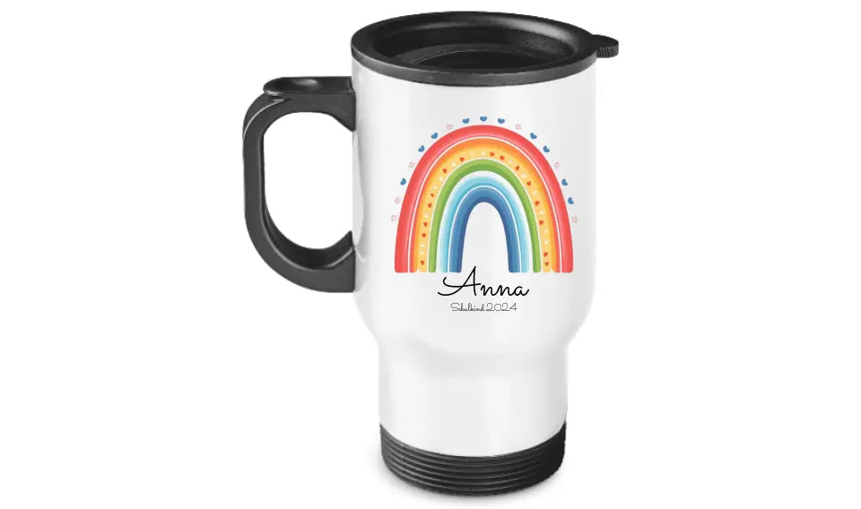 Personalisierter Becher Kinder aus Edelstahl mit Regenbogen  Namen und Text | Kinderbecher Geschenk Einschulung & Geburtstag | Edelstahl-Thermobecher für Kinder personalisiert