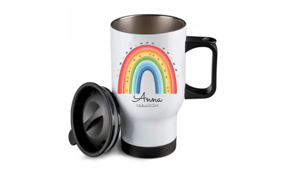 Personalisierter Becher Kinder aus Edelstahl mit Regenbogen  Namen und Text | Kinderbecher Geschenk Einschulung & Geburtstag | Edelstahl-Thermobecher für Kinder personalisiert