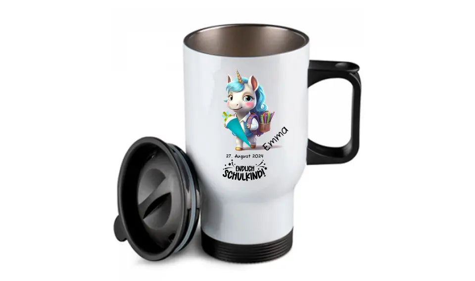 Personalisierter Becher aus Edelstahl mit Einhorn, Namen und Text | Kinderbecher Geschenk Einschulung & Geburtstag | Edelstahl-Thermobecher für Kinder personalisiert