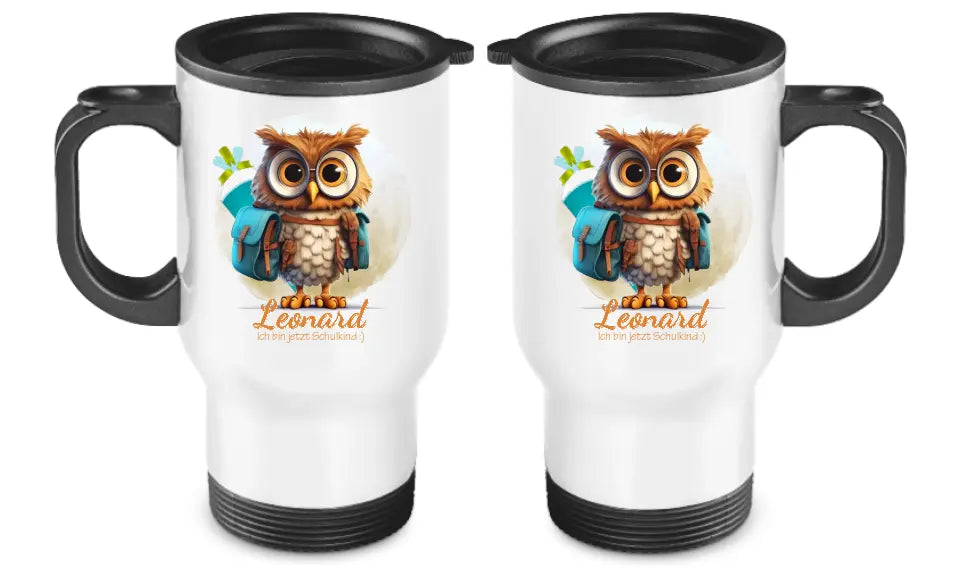 Einschulungsgeschenk personalisierter Becher aus Edelstahl mit Eule, Namen und Text | Kinderbecher Geschenk Einschulung & Geburtstag | Edelstahl-Thermobecher für Kinder personalisiert